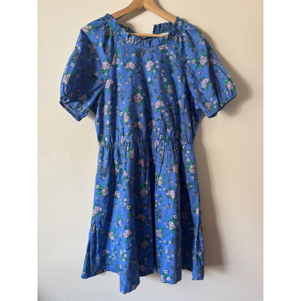 J Crew Factory Blue Floral Puff Sleeve Bow Mini Dress Size 14